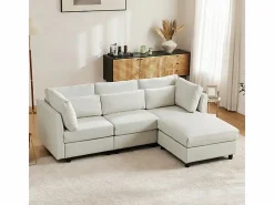 Sofá 3 plazas en tejido de lino, con pouf, 3 cojines lumbares y 2 cojines, 220x83x81cm,^DripeX