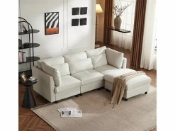Sofá 3 plazas en tejido de lino, con pouf, 3 cojines lumbares y 2 cojines, 220x83x81cm,^DripeX