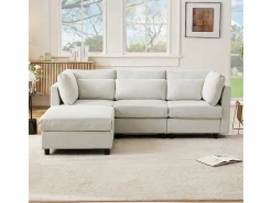 Sofá 3 plazas en tejido de lino, con pouf, 3 cojines lumbares y 2 cojines, 220x83x81cm,^DripeX