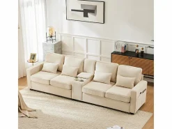 Sofá 4 plazas moderno de lino - con USB y portavasos - 4 cojines - 290x83x88cm -^DripeX Sale