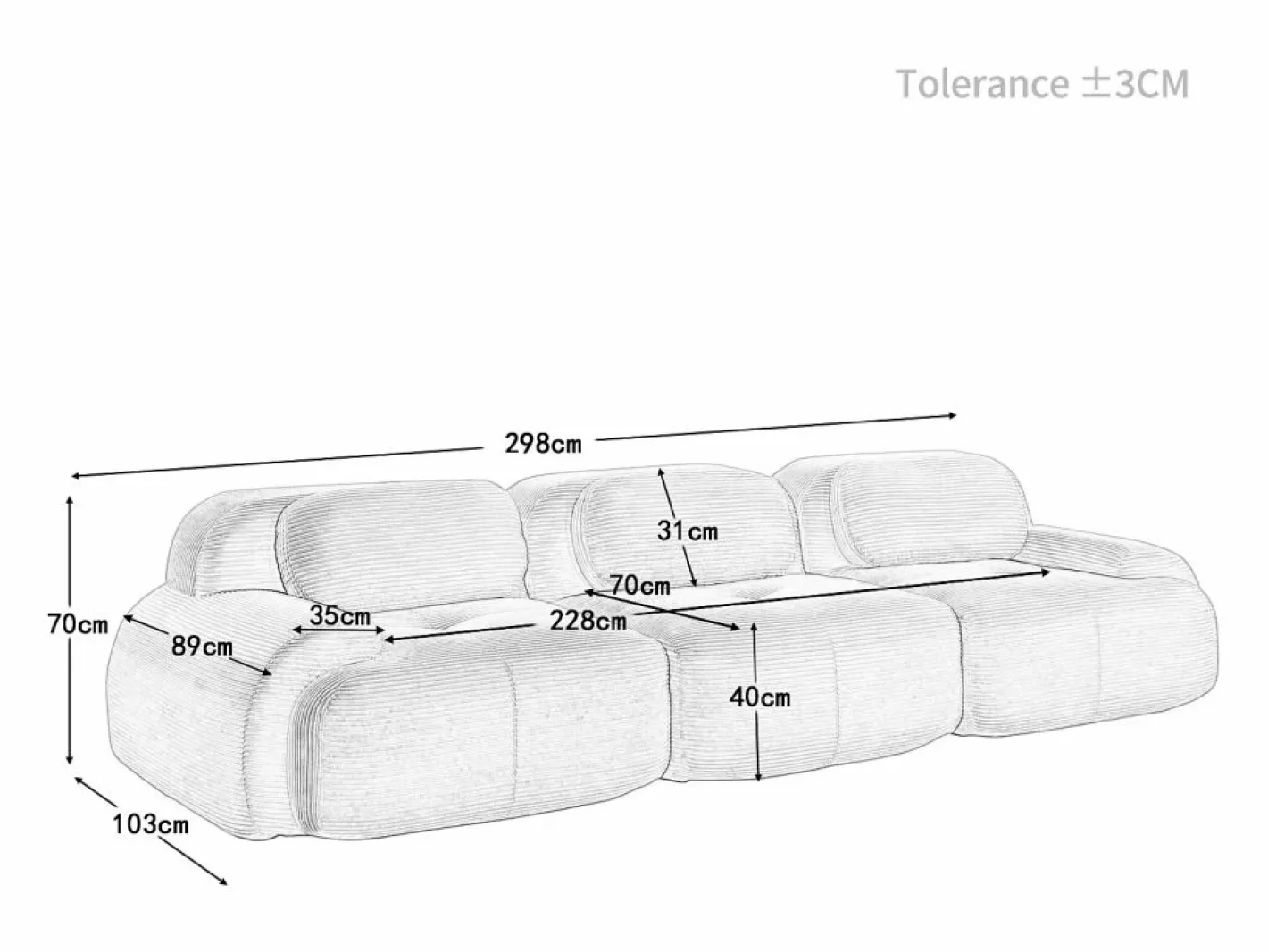 Sofá 3 plazas modular en Pana - con 3 cojines - 298x103x70cm - Marrón^DripeX Online