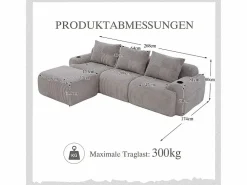 DripeX Sofá 3 plazas ángulo modular terciopelo acanalado, puf, portavasos y bolsillo, 268x174x80cm, Gris claro Sale