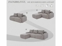 DripeX Sofá 3 plazas ángulo modular terciopelo acanalado, puf, portavasos y bolsillo, 268x174x80cm, Gris claro Sale