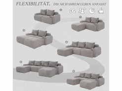 Sofá 4 plazas ángulo modular terciopelo acanalado, 2 pufs y 4 cojines, 333x174x80cm,^DripeX Clearance