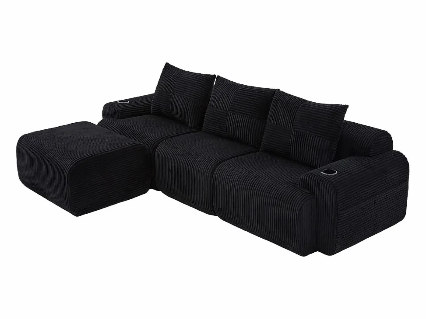 DripeX Sofá Modular|Sofás Club|Sofá 3 plazas ángulo modular terciopelo acanalado, puf, portavasos y bolsillo, 268x174x80cm,