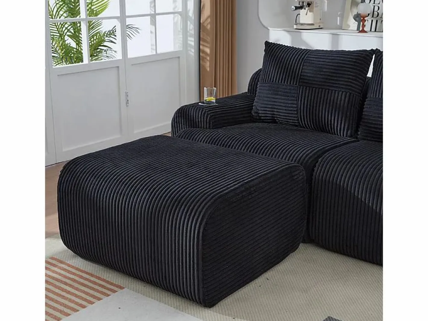DripeX Sofá Modular|Sofás Club|Sofá 3 plazas ángulo modular terciopelo acanalado, puf, portavasos y bolsillo, 268x174x80cm,