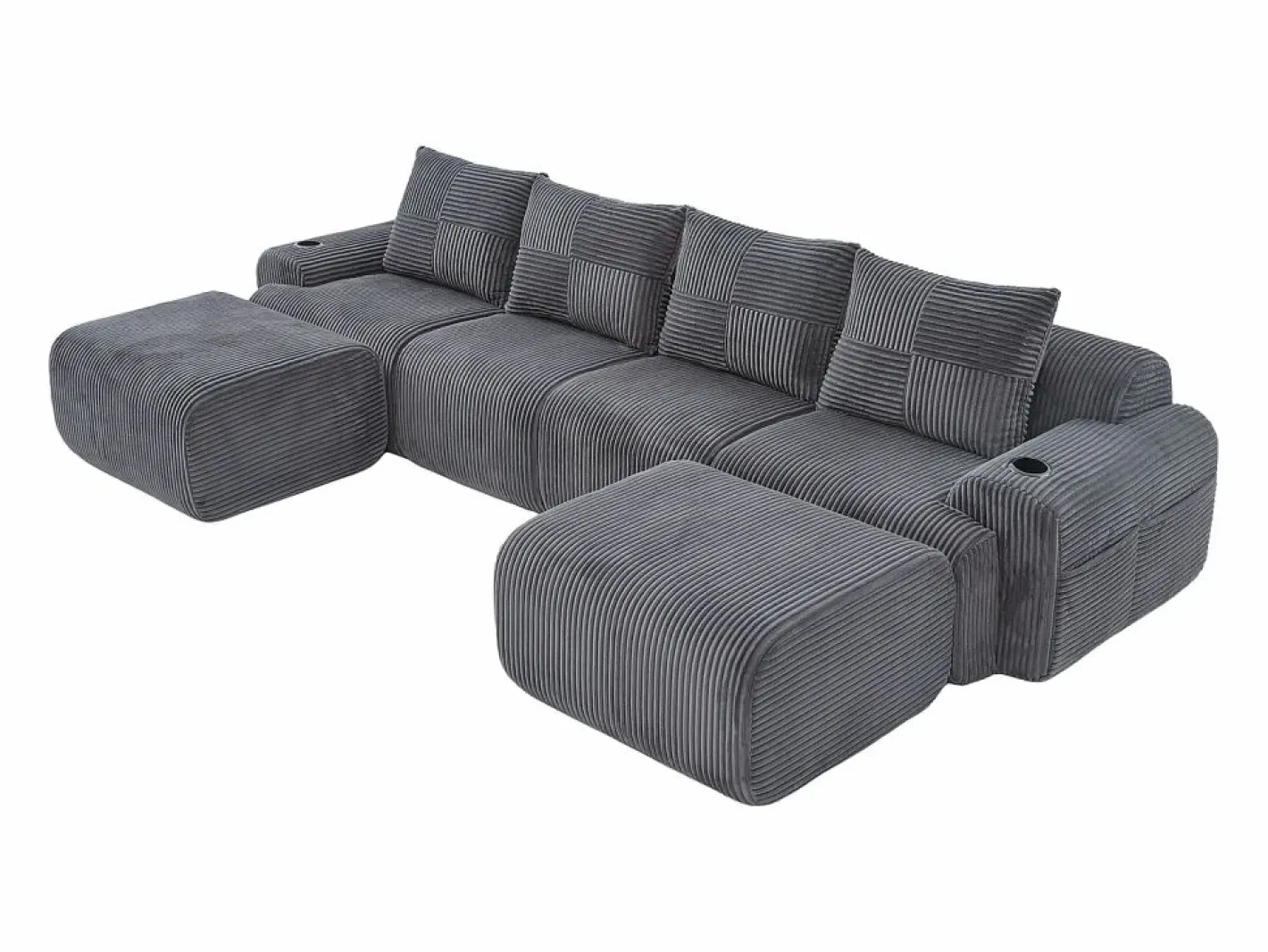 Sofá 4 plazas ángulo modular terciopelo acanalado, 2 pufs y 4 cojines, 333x174x80cm,^DripeX Best