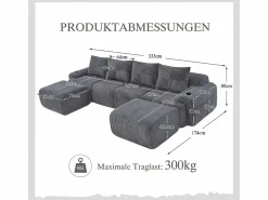 Sofá 4 plazas ángulo modular terciopelo acanalado, 2 pufs y 4 cojines, 333x174x80cm,^DripeX Best