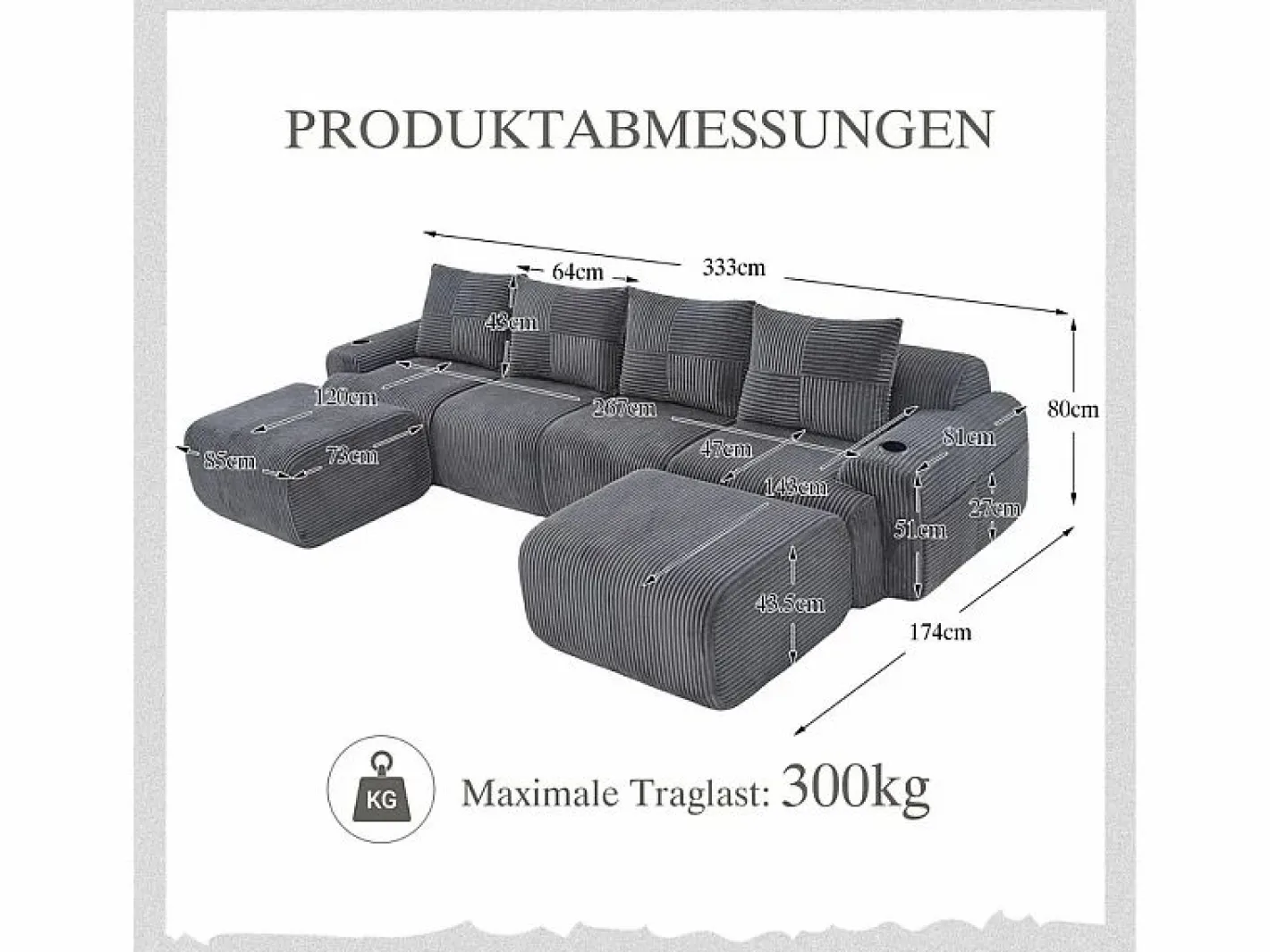 Sofá 4 plazas ángulo modular terciopelo acanalado, 2 pufs y 4 cojines, 333x174x80cm,^DripeX Best