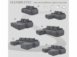 Sofá 4 plazas ángulo modular terciopelo acanalado, 2 pufs y 4 cojines, 333x174x80cm,^DripeX Best