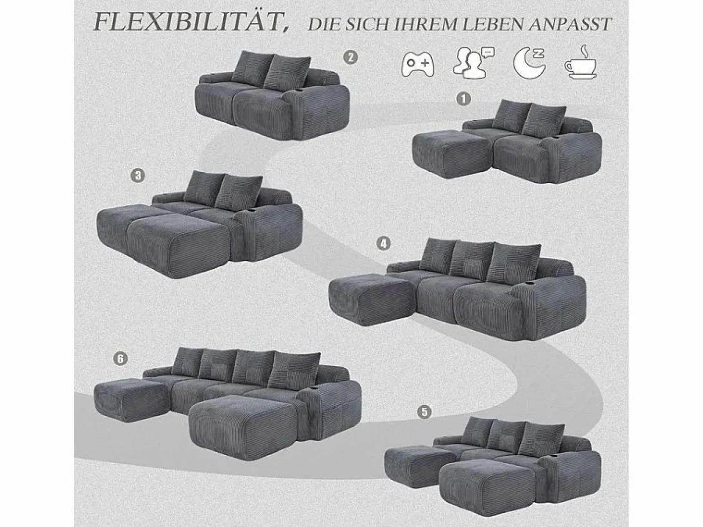Sofá 4 plazas ángulo modular terciopelo acanalado, 2 pufs y 4 cojines, 333x174x80cm,^DripeX Best