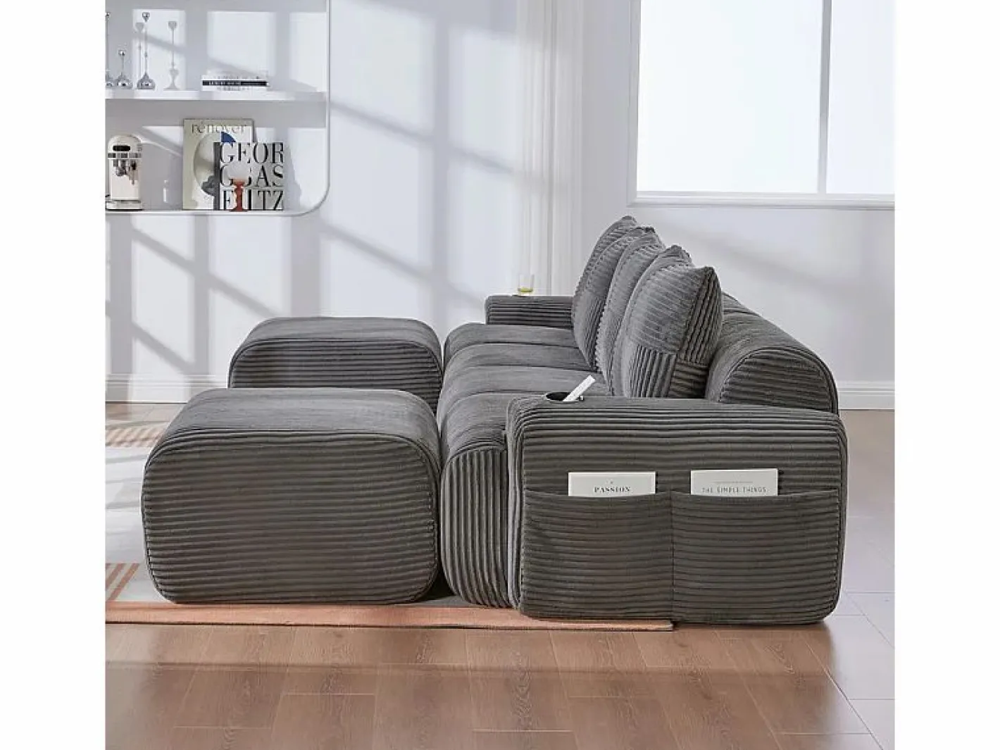 Sofá 4 plazas ángulo modular terciopelo acanalado, 2 pufs y 4 cojines, 333x174x80cm,^DripeX Best