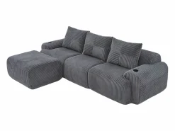 Sofá 3 plazas ángulo modular terciopelo acanalado, puf, portavasos y bolsillo, 268x174x80cm,^DripeX Hot
