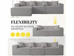 Sofá 3 plazas ángulo modular - Terciopelo acanalado - puf y 4 orejeros - 277x165.5x65.5cm^DripeX Online