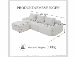 DripeX Sofá 3 plazas ángulo modular terciopelo acanalado, puf, portavasos y bolsillo, 268x174x80cm, Beige New