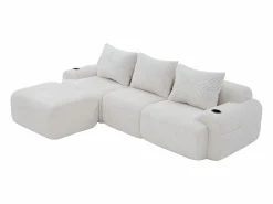 DripeX Sofá 3 plazas ángulo modular terciopelo acanalado, puf, portavasos y bolsillo, 268x174x80cm, Beige New