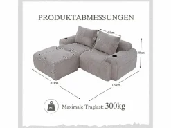 Sofá 2 plazas ángulo modular terciopelo acanalado, puf, portavasos y bolsillo, 200x174x80cm,^DripeX Sale