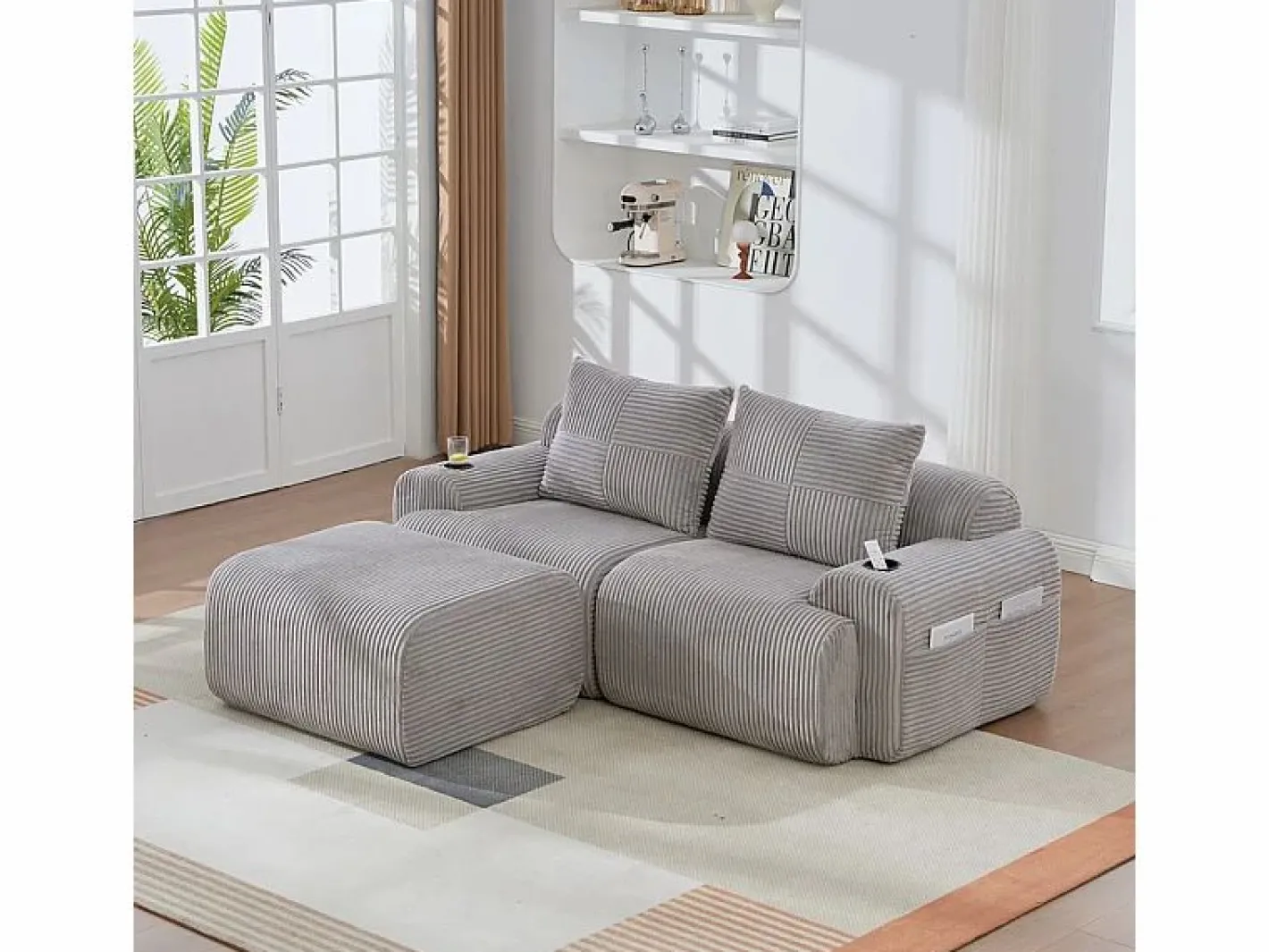 Sofá 2 plazas ángulo modular terciopelo acanalado, puf, portavasos y bolsillo, 200x174x80cm,^DripeX Sale