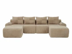 DripeX Sofá 4 plazas ángulo modular terciopelo acanalado, 2 pufs y 4 cojines, 333x174x80cm, Caqui Hot