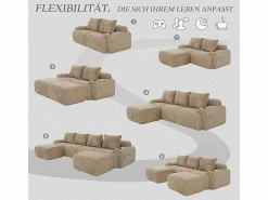 DripeX Sofá 4 plazas ángulo modular terciopelo acanalado, 2 pufs y 4 cojines, 333x174x80cm, Caqui Hot