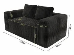 DripeX Sofá 2 Plazas, Terciopelo acanalado , 65cm prof. asiento, 2 cojines, 160x88x58cm Negro Best