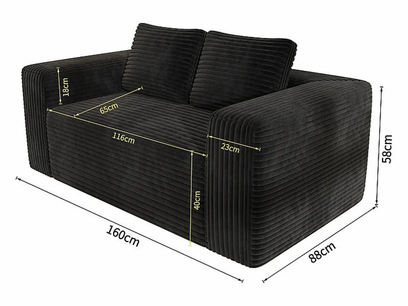 DripeX Sofá 2 Plazas, Terciopelo acanalado , 65cm prof. asiento, 2 cojines, 160x88x58cm Negro Best