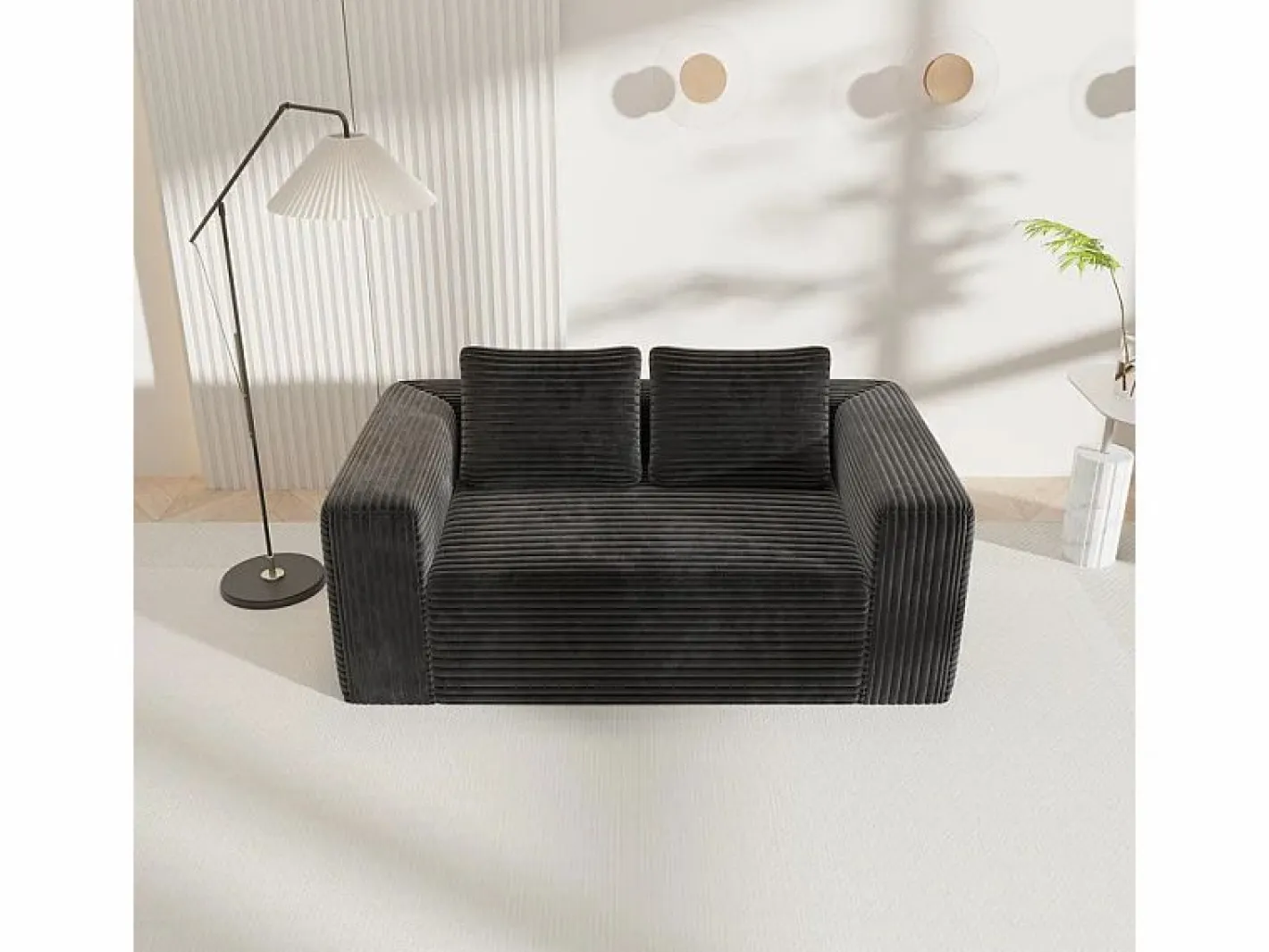 DripeX Sofá 2 Plazas, Terciopelo acanalado , 65cm prof. asiento, 2 cojines, 160x88x58cm Negro Best
