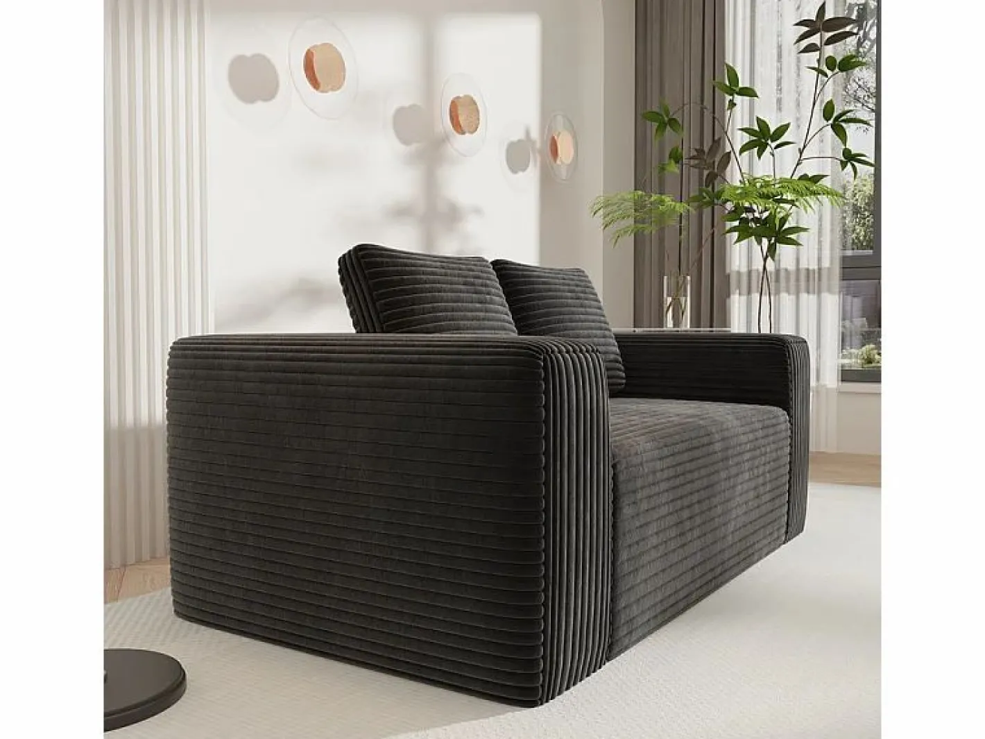 DripeX Sofá 2 Plazas, Terciopelo acanalado , 65cm prof. asiento, 2 cojines, 160x88x58cm Negro Best