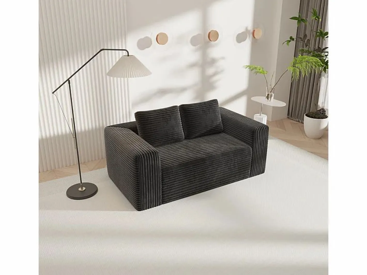 DripeX Sofá 2 Plazas, Terciopelo acanalado , 65cm prof. asiento, 2 cojines, 160x88x58cm Negro Best