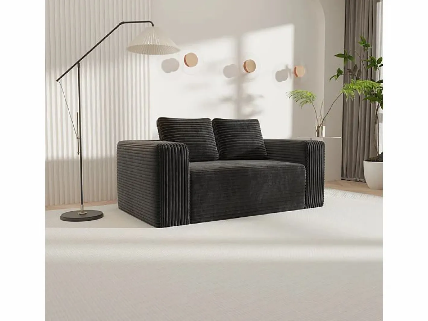 DripeX Sofá 2 Plazas, Terciopelo acanalado , 65cm prof. asiento, 2 cojines, 160x88x58cm Negro Best
