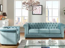 Vente-unique Conjunto Sofá Y Sillón|Sofá 3 plazas y sillón de terciopelo azul CHESTERFIELD