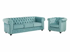 Vente-unique Conjunto Sofá Y Sillón|Sofá 3 plazas y sillón de terciopelo azul CHESTERFIELD