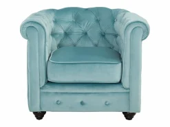 Vente-unique Conjunto Sofá Y Sillón|Sofá 3 plazas y sillón de terciopelo azul CHESTERFIELD