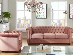Sofá 3 plazas y sillón de terciopelo rosa CHESTERFIELD^Vente-unique New