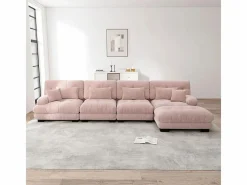 DripeX Sofás Club|Sofá angular 4 plazas de tejido Chenilla, con 6 cojines, otomana extraíble, combinación DIY, 406x145x81cm, Rosa