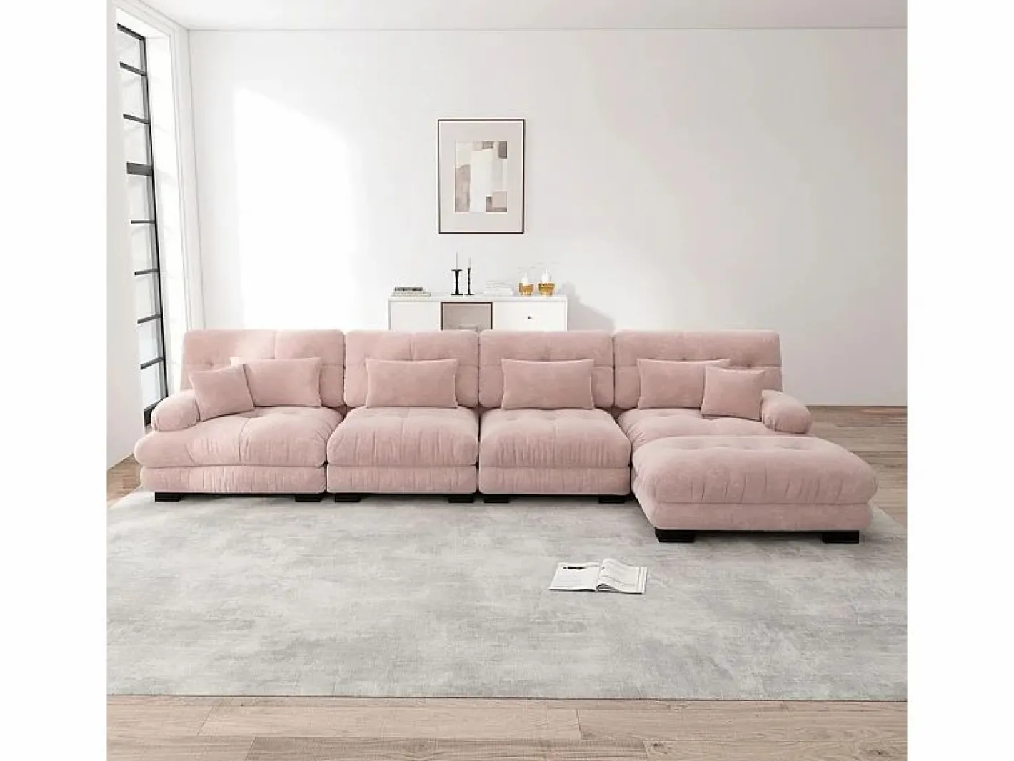 DripeX Sofás Club|Sofá angular 4 plazas de tejido Chenilla, con 6 cojines, otomana extraíble, combinación DIY, 406x145x81cm, Rosa