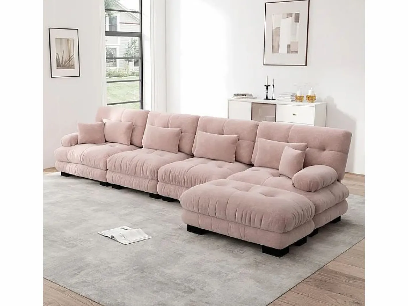DripeX Sofás Club|Sofá angular 4 plazas de tejido Chenilla, con 6 cojines, otomana extraíble, combinación DIY, 406x145x81cm, Rosa