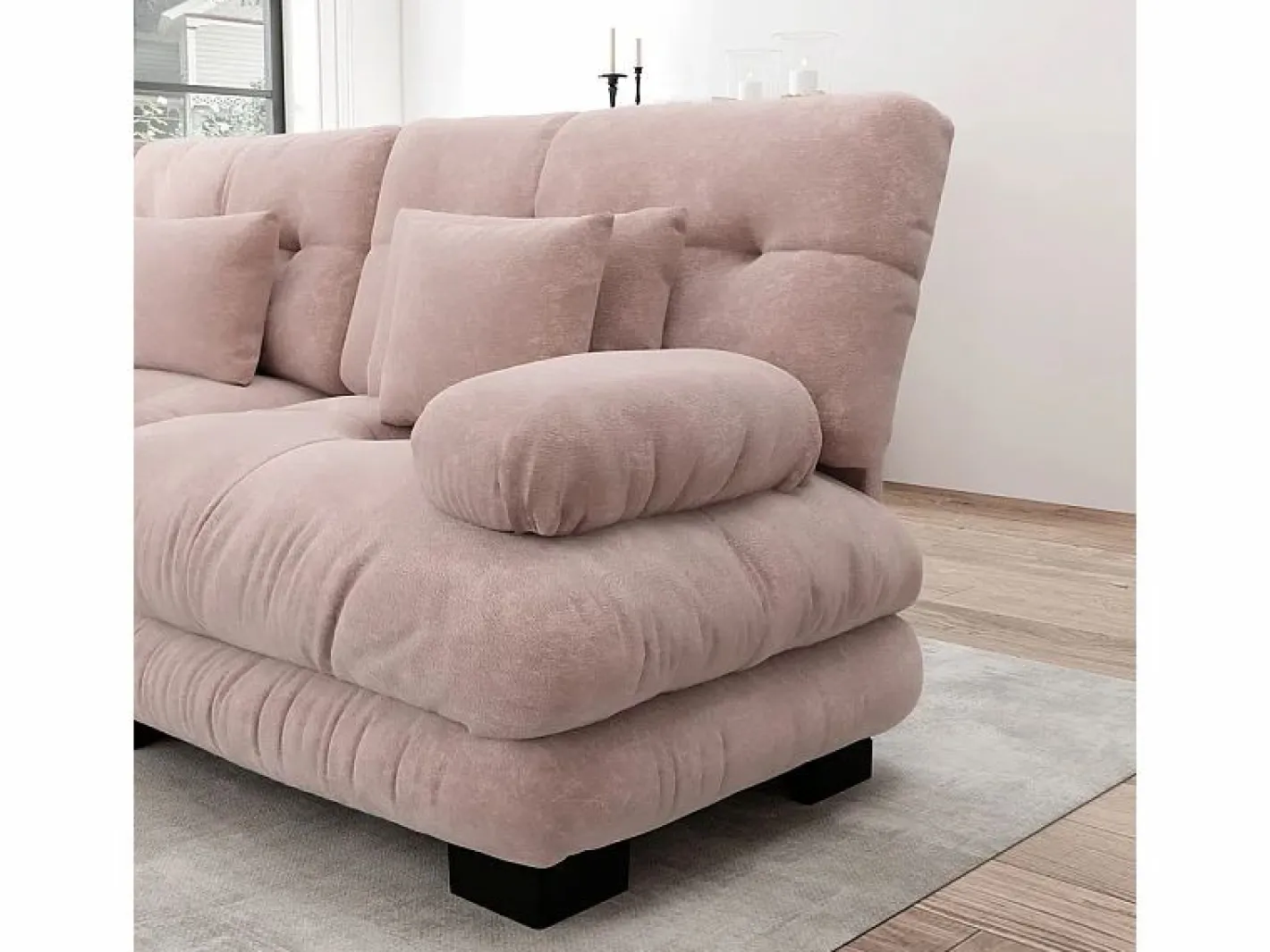 DripeX Sofás Club|Sofá angular 4 plazas de tejido Chenilla, con 6 cojines, otomana extraíble, combinación DIY, 406x145x81cm, Rosa