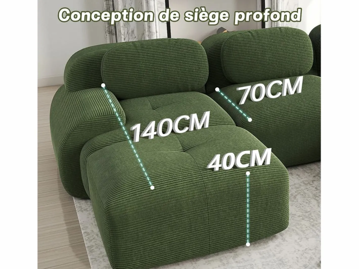 DripeX Sofá angular 3 plazas modular - de Pana - con 3 cojines y otomana - 298x178x75cm - Verde Online