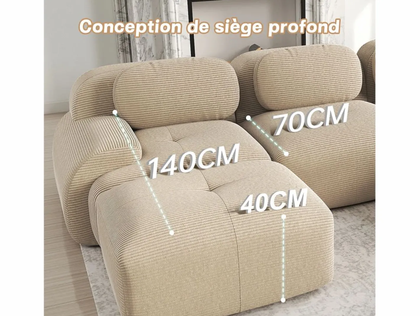 DripeX Sofá Modular|Sofás Club|Sofá angular 3 plazas modular - de Pana - con 3 cojines y 2 otomanas - 298x178x75cm -