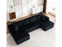 DripeX Sofá angular panorámico - Terciopelo acanalado - 4 cojines, 2 orejeros, 2 chaises - 332x156x88cm Negro Clearance