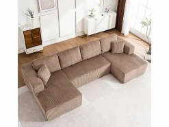 Sofá angular panorámico - Terciopelo acanalado Marrón - 4 cojines, 2 orejeros, 2 chaises - 332x156x88cm^DripeX