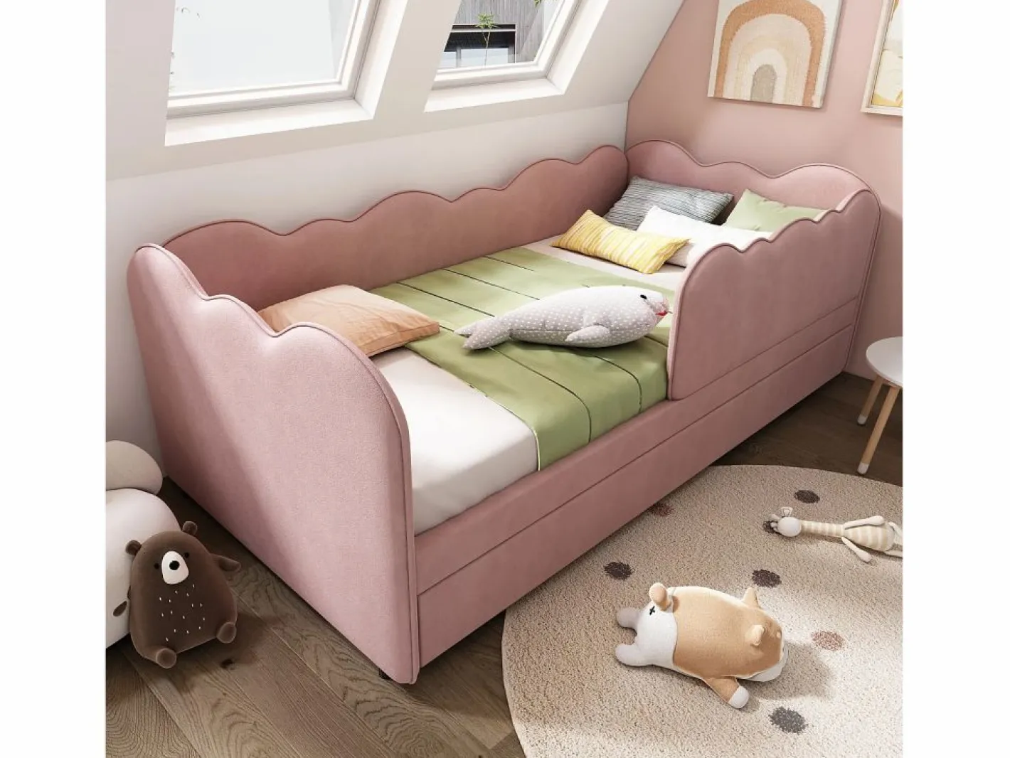 Sofá cama 90×190 cm - con cama nido 90×190 cm - decoración de olas - con somier de láminas - Terciopelo - (sin colchón)^ModernLuxe Best