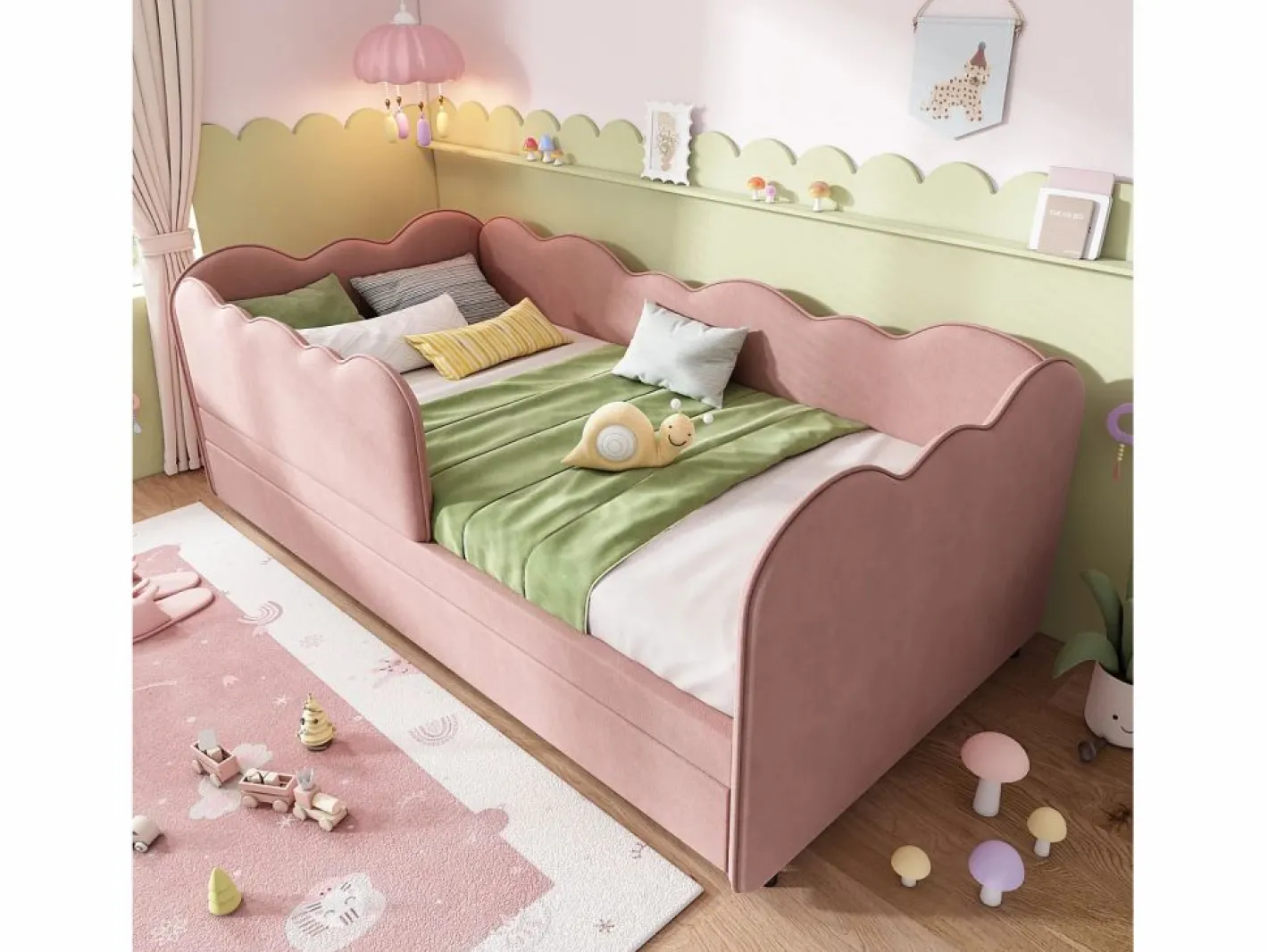Sofá cama 90×190 cm - con cama nido 90×190 cm - decoración de olas - con somier de láminas - Terciopelo - (sin colchón)^ModernLuxe Best