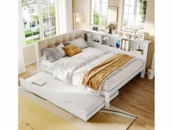 ModernLuxe Cama Diván|Cama Con Almacenaje|Sofá cama 140×200 cm - con cama nido - con tira LED luminosa - con puerto USB - (colchón no incluido)