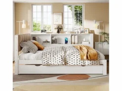 ModernLuxe Cama Diván|Cama Con Almacenaje|Sofá cama 140×200 cm - con cama nido - con tira LED luminosa - con puerto USB - (colchón no incluido)