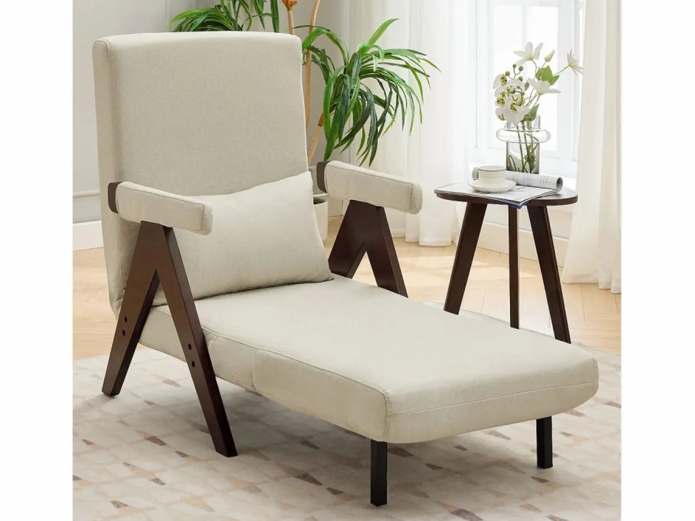 Merax Sillón Cama|Sofá cama 3 en 1, plegable - 64 x 68,5 x 93 cm - Tejido de lino - Con función de descanso + Nogal