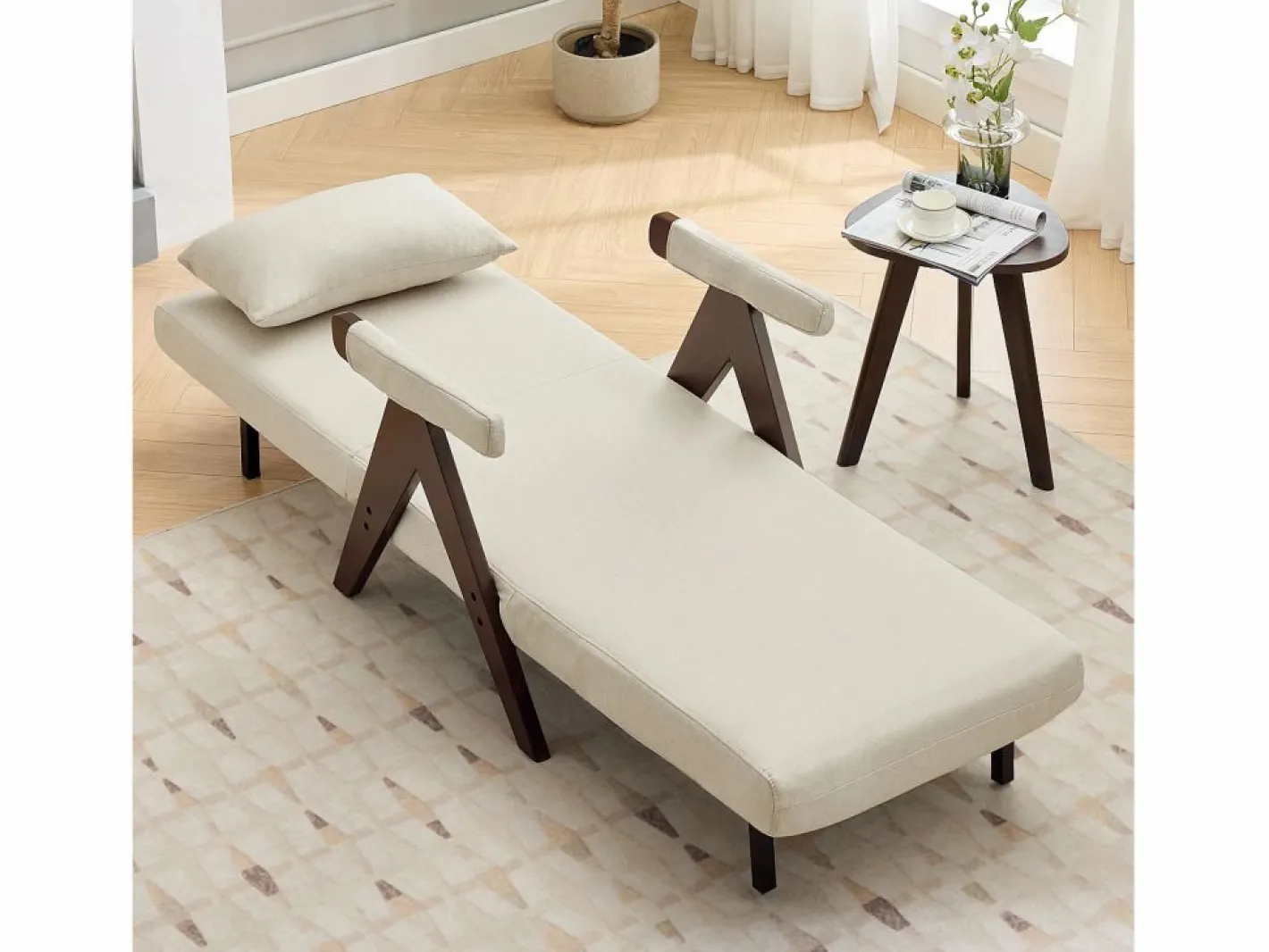 Merax Sillón Cama|Sofá cama 3 en 1, plegable - 64 x 68,5 x 93 cm - Tejido de lino - Con función de descanso + Nogal
