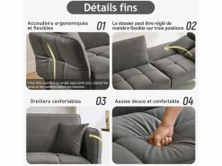 Sofá cama 2 en 1 regulable - Respaldo regulable - Patas de madera y cojines incluidos - Terciopelo - 176 x 78 x 76 cm - Gris Sale