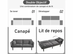 Sofá cama 2 en 1 regulable - Respaldo regulable - Patas de madera y cojines incluidos - Terciopelo - 176 x 78 x 76 cm - Gris Sale
